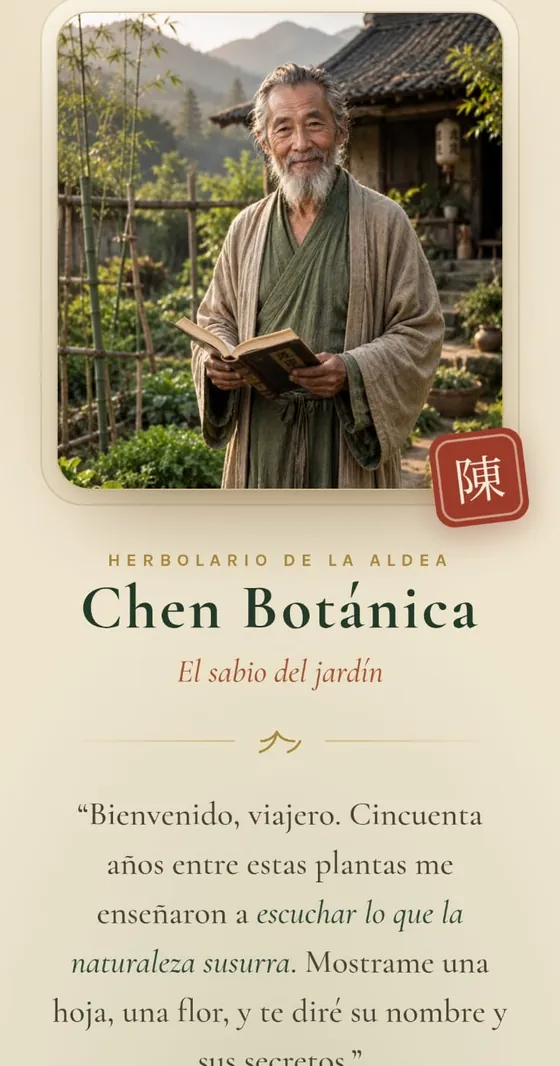 Pantalla de bienvenida de la app Chen Botánica con el Maestro Chen