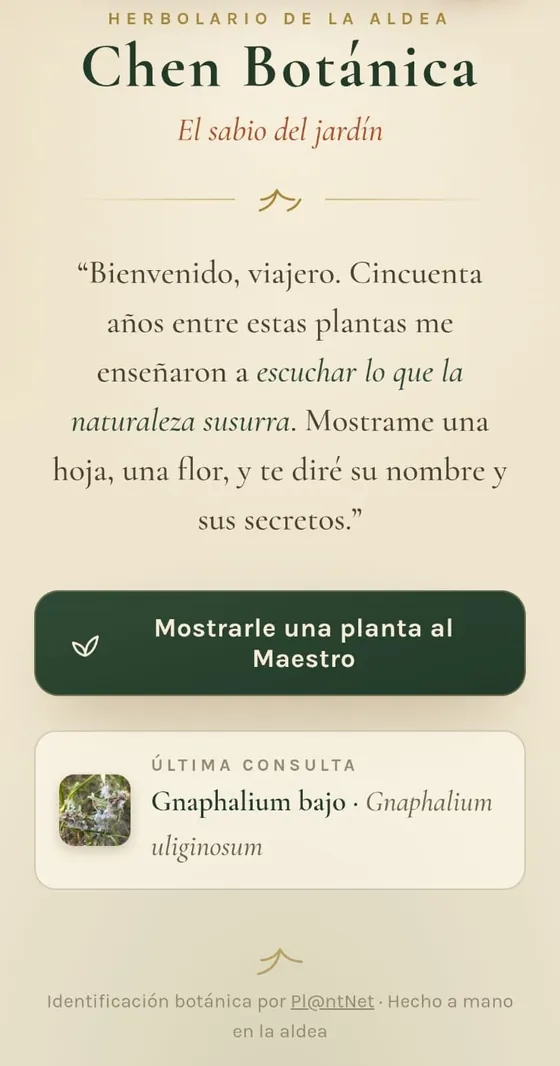 Pantalla principal de Chen Botánica: mostrarle una planta al Maestro y última consulta