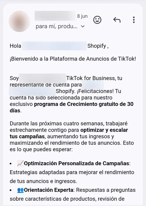 Mail de bienvenida de TikTok for Business: la cuenta fue seleccionada para el programa de crecimiento