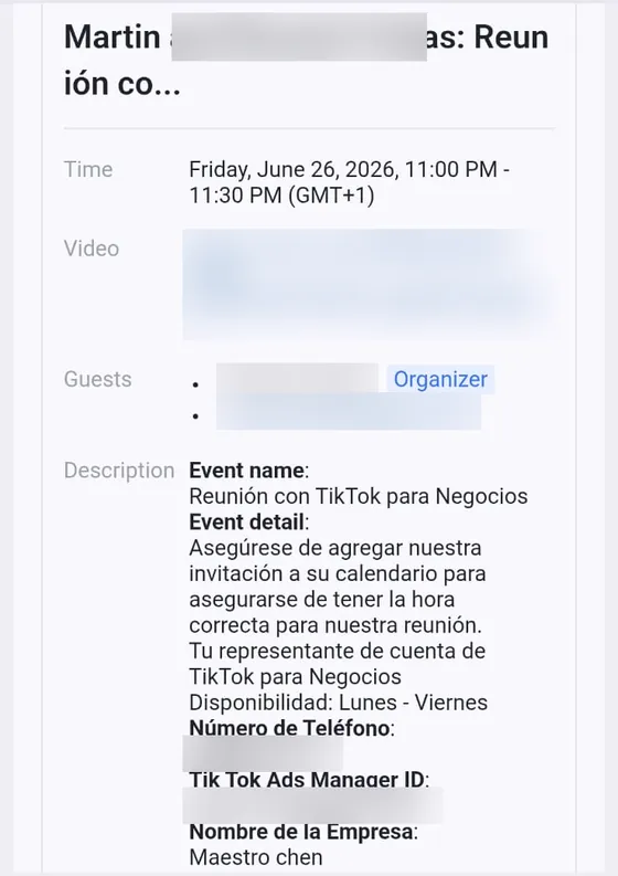Invitación de calendario a la reunión con TikTok para Negocios, a nombre de la empresa Maestro Chen