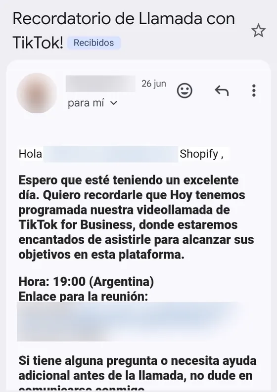 Recordatorio de la videollamada con TikTok for Business