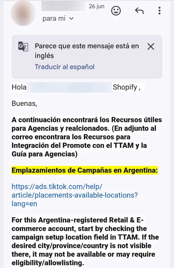 Mail de TikTok con los recursos útiles para agencias y la guía adjunta