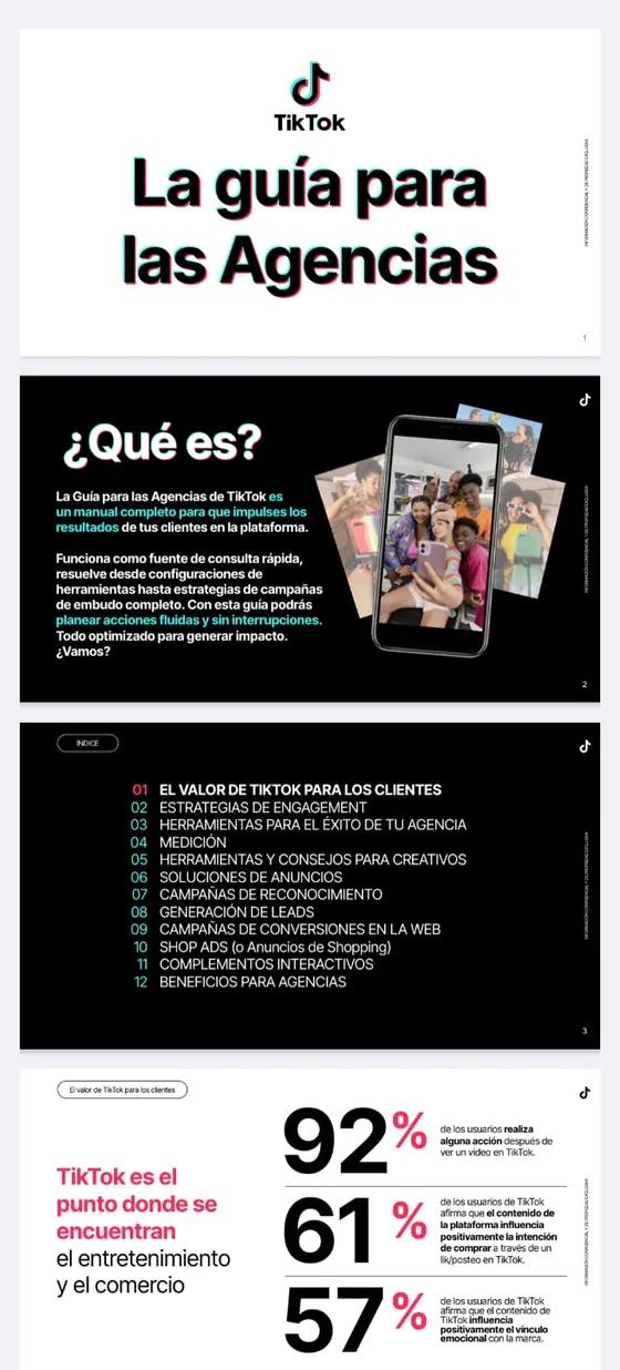 Portada e índice de La guía para las Agencias de TikTok