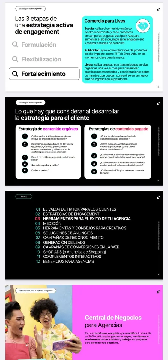 Páginas de estrategias de engagement y estrategia para el cliente de la guía de TikTok